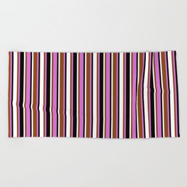 [ Thumbnail: Orchid, Brown, White & Black Colored Lined Pattern Beach Towel ]