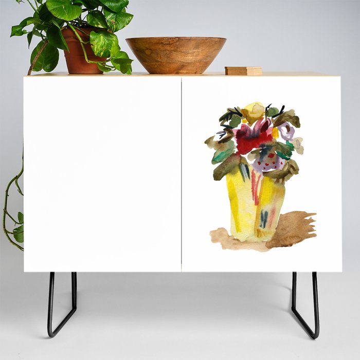 abstract watercolor flowers in vase Credenza