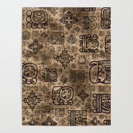 Mayan glyphs and ornaments pattern -black on gold Poster