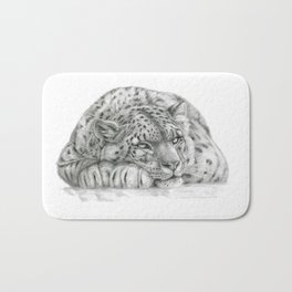 Pensive Snow Leopard  Bath Mat | Illustration, Animal, Black and White, Nature 