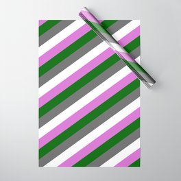 [ Thumbnail: Dim Grey, White, Orchid & Dark Green Colored Lined Pattern Wrapping Paper ]