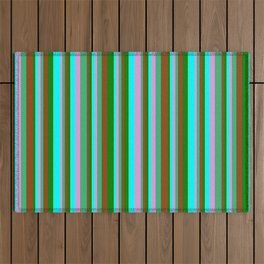 [ Thumbnail: Eye-catching Brown, Green, Cyan, Plum, and Sea Green Colored Stripes Pattern Outdoor Rug ]