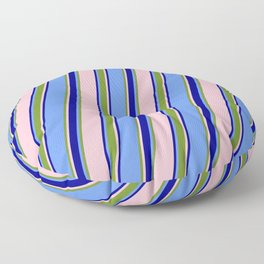 [ Thumbnail: Cornflower Blue, Green, Pink & Dark Blue Colored Striped/Lined Pattern Floor Pillow ]