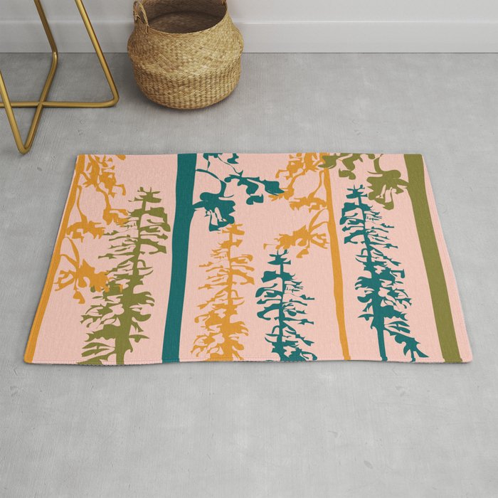 Woody - Green Minimal Forest Tree Art Design on Pink Rug