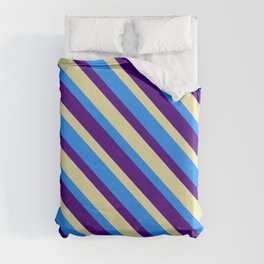 [ Thumbnail: Blue, Indigo, and Pale Goldenrod Colored Striped Pattern Duvet Cover ]