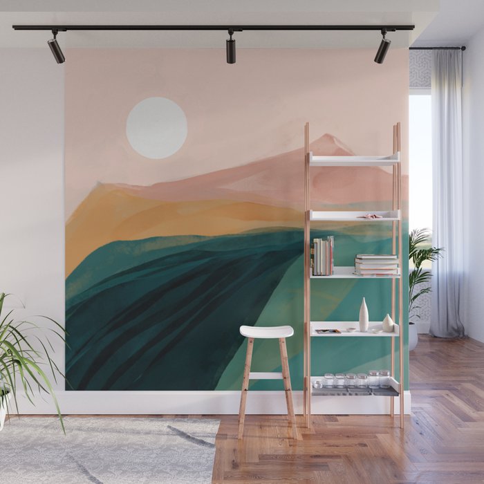 pink, green, gold moon watercolor mountains Wall Mural