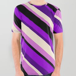 [ Thumbnail: Dark Violet, Indigo, Beige, Orchid, and Black Colored Pattern of Stripes All Over Graphic Tee ]