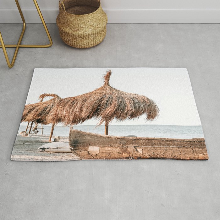 Umbrellas, Boat and Sandy Beach Tranquility, Sea Landscape, Summer Vibes, Ocean Relaxation Rug