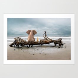 elephant and a dog are sitting on driftwood Art Print
