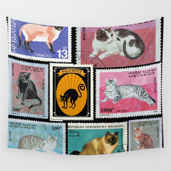 Cat post mail stamp Wall Tapestry