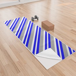 [ Thumbnail: Blue, White, and Dark Grey Colored Lined/Striped Pattern Yoga Towel ]