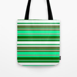 [ Thumbnail: Green, Dark Green, Mint Cream, and Dark Olive Green Colored Stripes/Lines Pattern Tote Bag ]