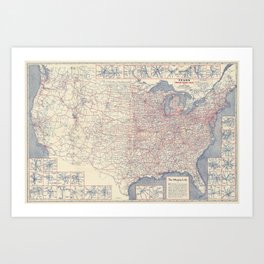  Paved Road Map of the United States 1930 - Vintage Illustrated Map Art Print