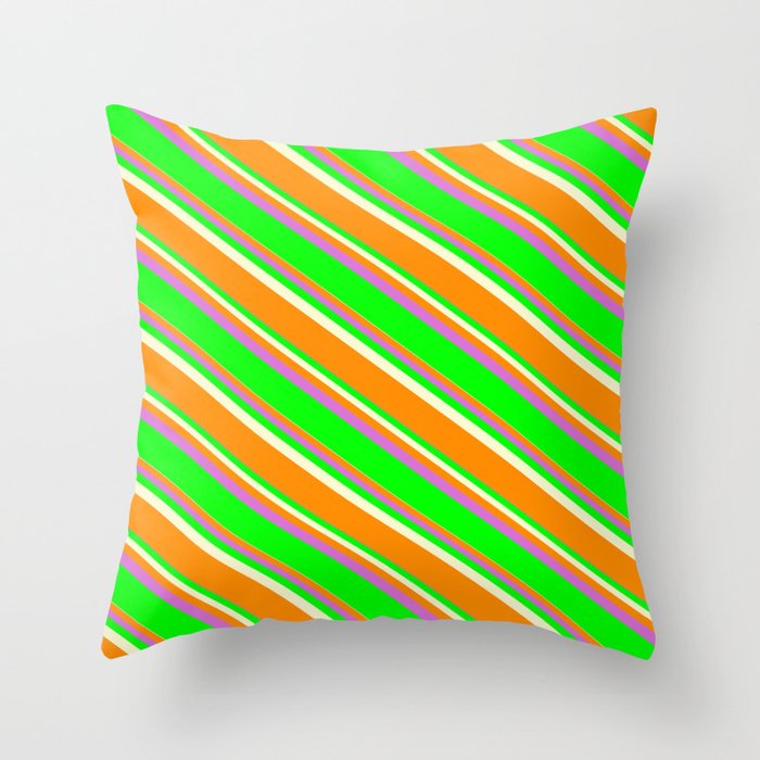 Light Yellow, Dark Orange, Orchid, and Lime Colored Lined Pattern Throw Pillow