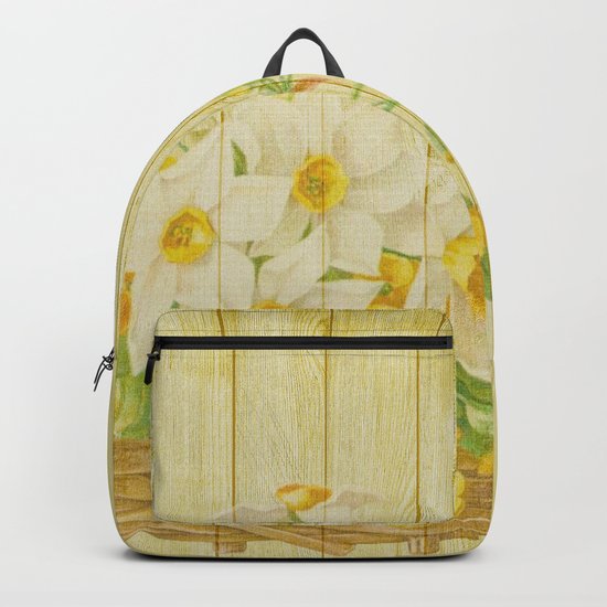 Daffodil Flowers in Basket on Wood Background Backpack