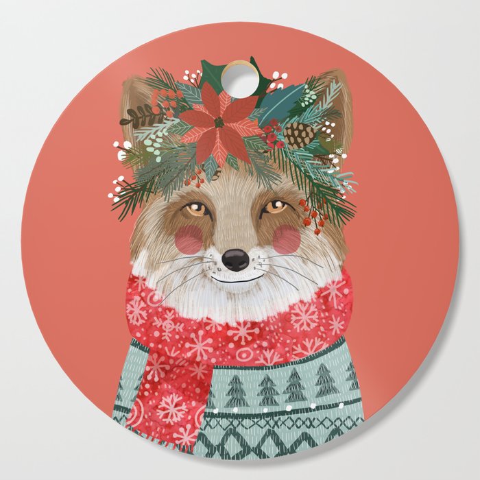 Christmas Fox with Winter floral crown Cutting Board