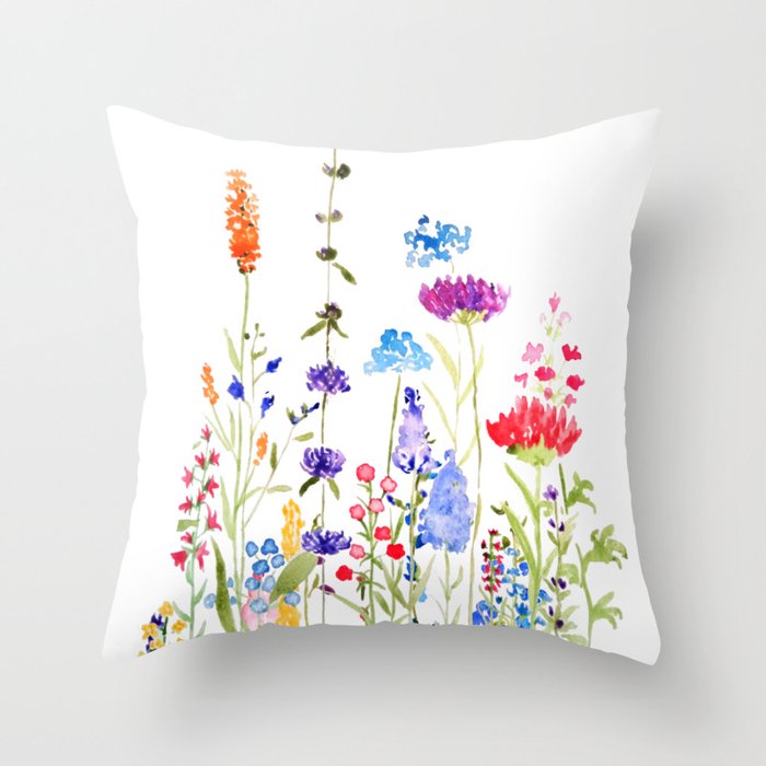 colorful wild flowers watercolor painting Throw Pillow