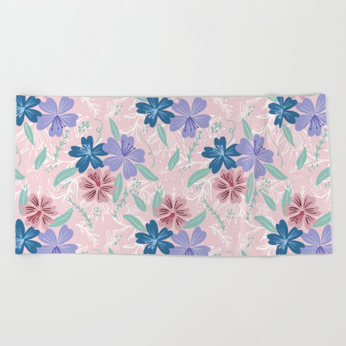 Hibiscus Tropical Pattern - Pink, Periwinkle, Seaglass Beach Towel