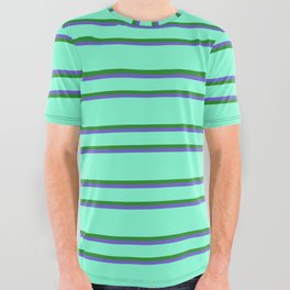 [ Thumbnail: Aquamarine, Forest Green, and Slate Blue Colored Lined Pattern All Over Graphic Tee ]