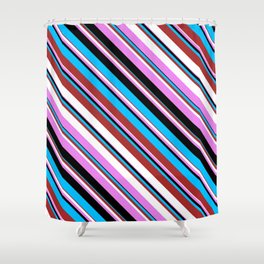 [ Thumbnail: Deep Sky Blue, Brown, White, Violet, and Black Colored Striped/Lined Pattern Shower Curtain ]