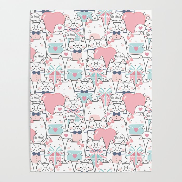 Cute Kawaii Cats with Hearts Poster