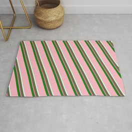 [ Thumbnail: Eyecatching Light Pink, Light Cyan, Dark Olive Green, Hot Pink & Green Colored Striped Pattern Rug ]
