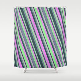 [ Thumbnail: Violet, Light Green, Light Slate Gray, and Dark Slate Gray Colored Lined Pattern Shower Curtain ]