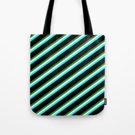 [ Thumbnail: Forest Green, Mint Cream, Cyan & Black Colored Striped Pattern Tote Bag ]