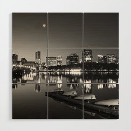 Crescent Moon Over the Charles River and Longfellow Bridge Boston MA Black and White Wood Wall Art