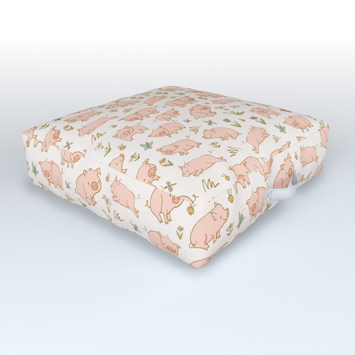 Piglets & Flowers on White Outdoor Floor Cushion