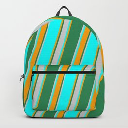 [ Thumbnail: Cyan, Orange, Sea Green, and Light Grey Colored Lined Pattern Backpack ]