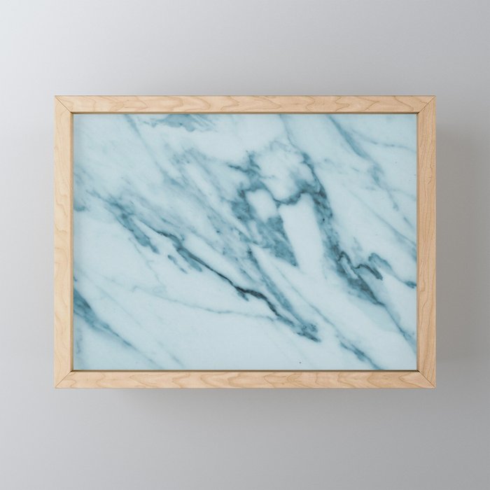 Streaked Teal Blue White Marble Framed Mini Art Print