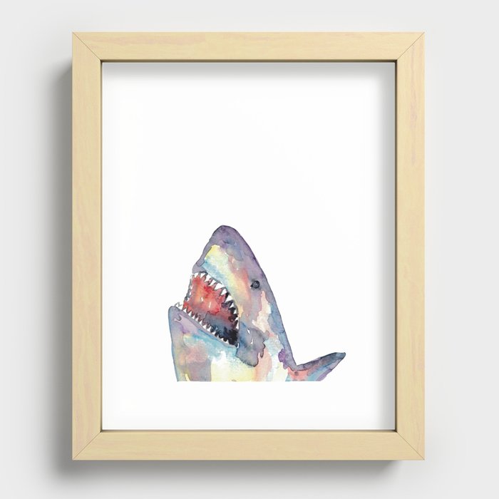 Funny Shark peeking watercolor Recessed Framed Print