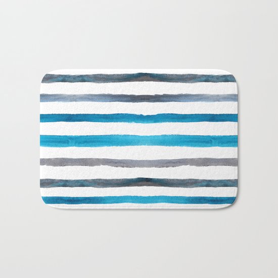Azure blue and grey watercolor stripes Bath Mat