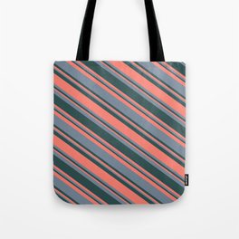 [ Thumbnail: Dark Slate Gray, Salmon & Light Slate Gray Colored Stripes/Lines Pattern Tote Bag ]