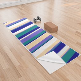 [ Thumbnail: Eyecatching Teal, Slate Blue, Tan, White, and Dark Blue Colored Stripes Pattern Yoga Towel ]