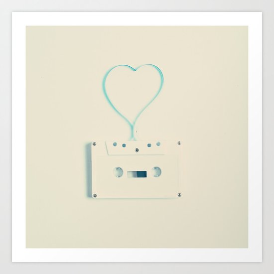 ANALOG zine, Retro white music cassette and blue heart shaped tape on beige background Art Print