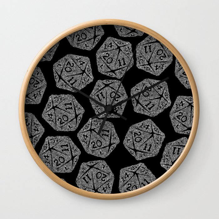 d20 - white on black - icosahedron doodle pattern Wall Clock