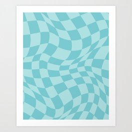 Warped Checkered Pattern in Aqua Blue, Wavy Checkerboard Art Print