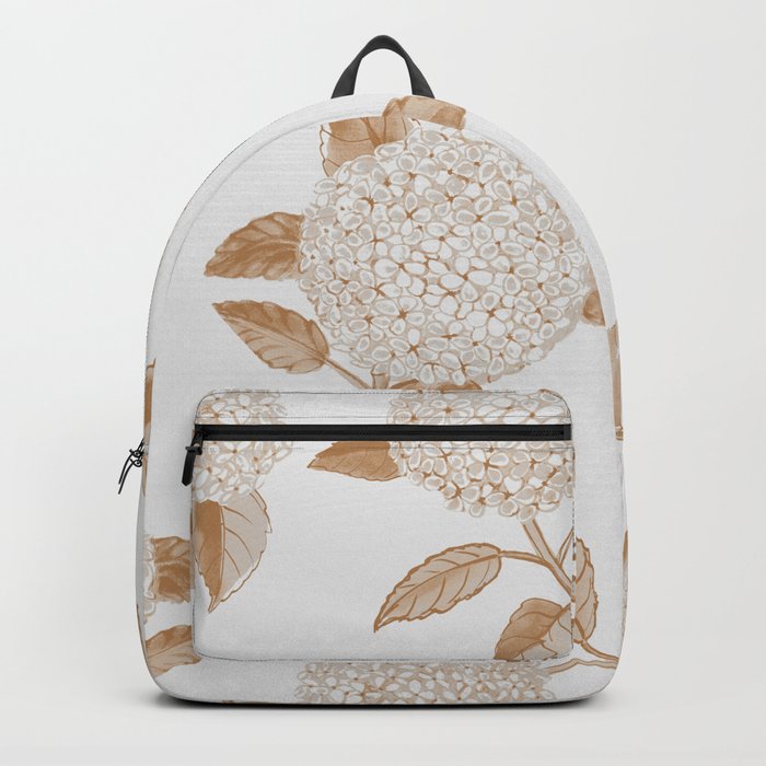 Classic, atermporal, elegant floral golden hortensia vintage repeat pattern. Big hydrangeas. Backpack