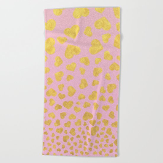 Golden hearts falling from heaven- Gold glitter heart on pink Beach Towel
