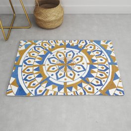 Metallic Blue and Gold Acrylic Painting Mandala Square with White Background Area & Throw Rug