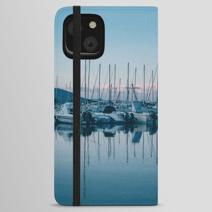 Boats reflecting in the water during sunset at harbor in Alghero | Sardinia | Italy iPhone Wallet Case
