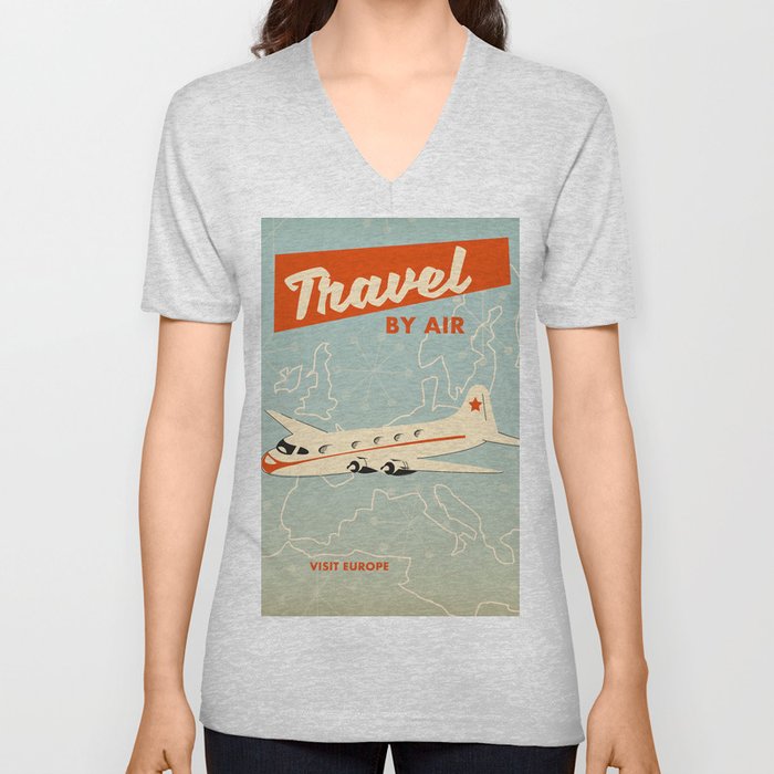 1950s style "by air" travel poster print. V Neck T Shirt