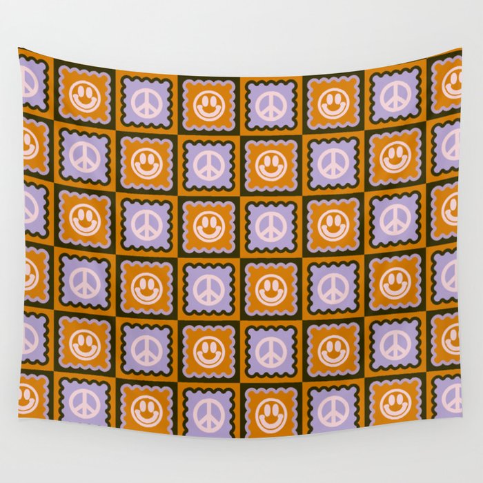 Funky Checkered Smileys and Peace Symbol Pattern (Dark Brown, Ginger Brown, Lilac, Muted Pink) Wall Tapestry