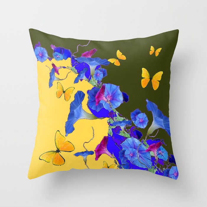 Yellow-Sage Color Yellow Butterflies Blue Morning Glories Art Throw Pillow