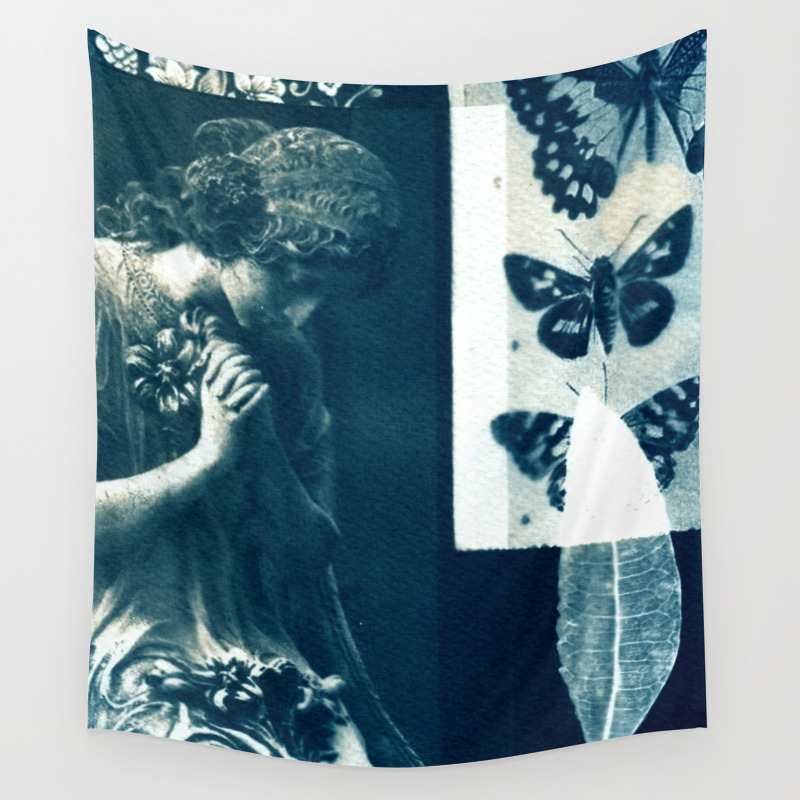 Angel And Butterflies Collage Blue Print Cyanotype Print Wall