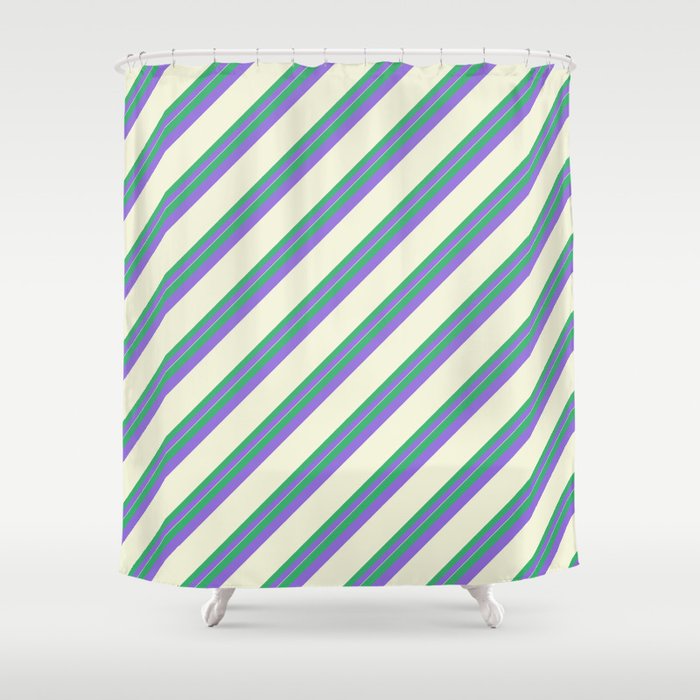 Sea Green, Purple & Beige Colored Stripes/Lines Pattern Shower Curtain