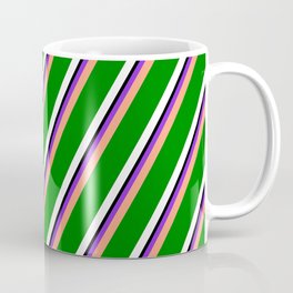 [ Thumbnail: Purple, Light Salmon, Green, White, and Black Colored Striped/Lined Pattern Coffee Mug ]