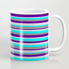 [ Thumbnail: Grey, Indigo, Light Gray, and Cyan Colored Striped Pattern Coffee Mug ]